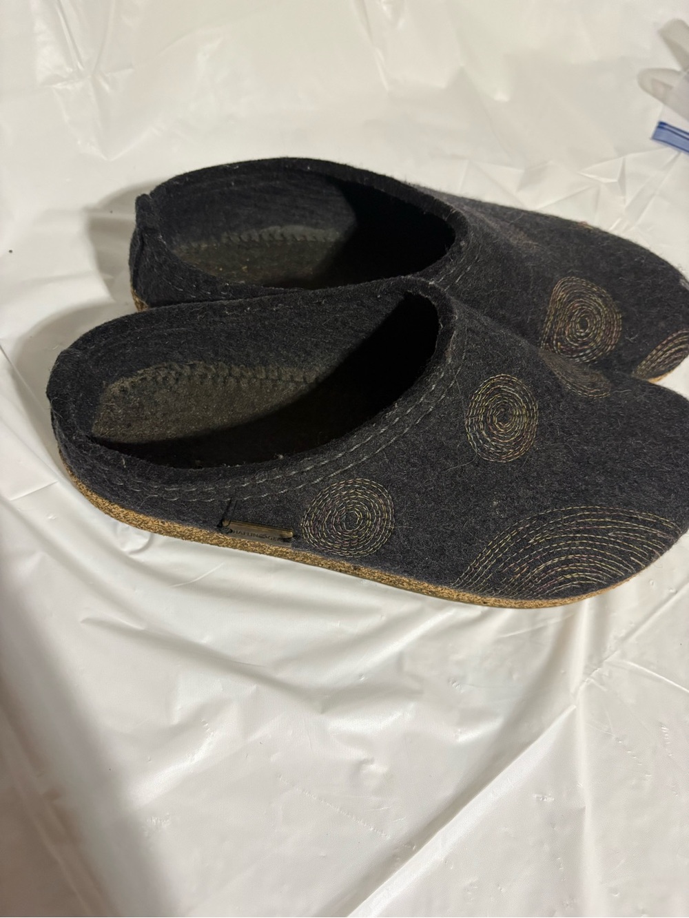 Haflinger Black Felt Slip-On Clogs with Spiral Embroidery